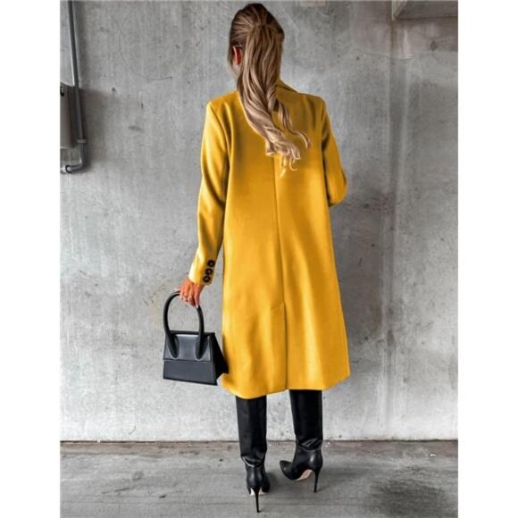 Womens Long Wool Coat Double Breasted Trench Coat Yellow - Picture 4 of 4